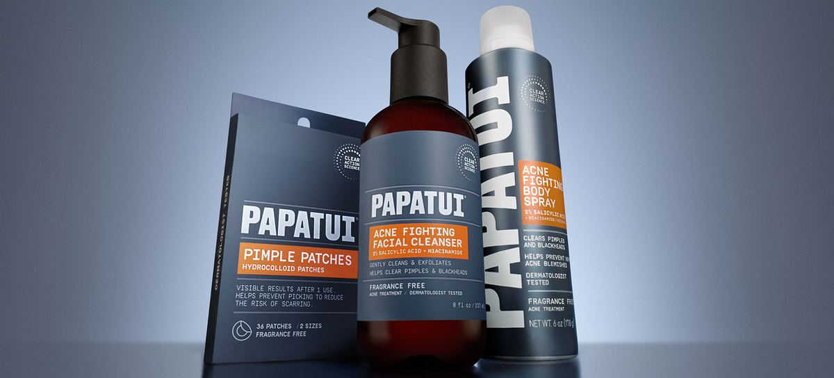 PAPATUI Acne products against a blue-grey background