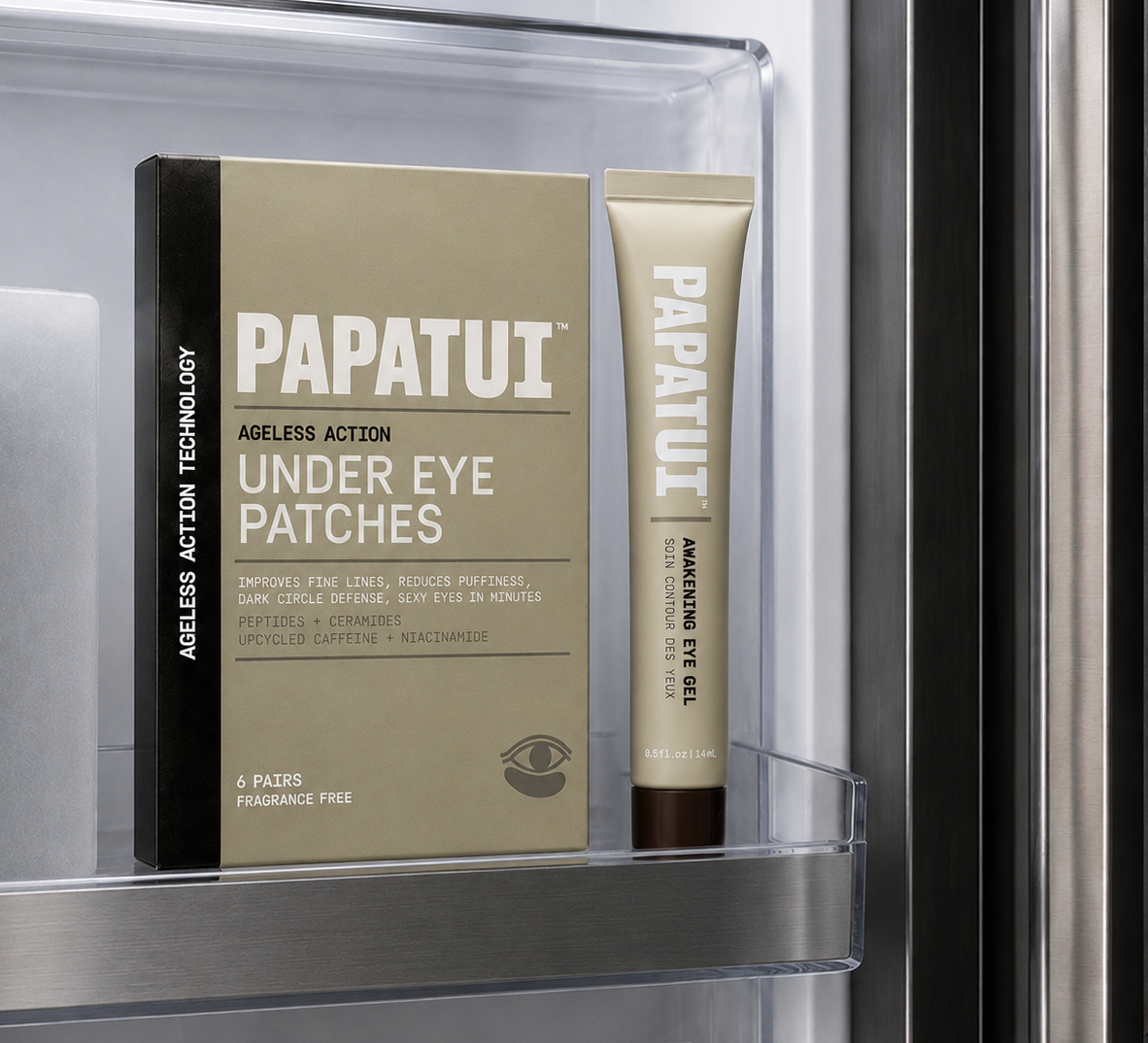 PAPATUI eye care products including patches and gel in a clear display case in freezer