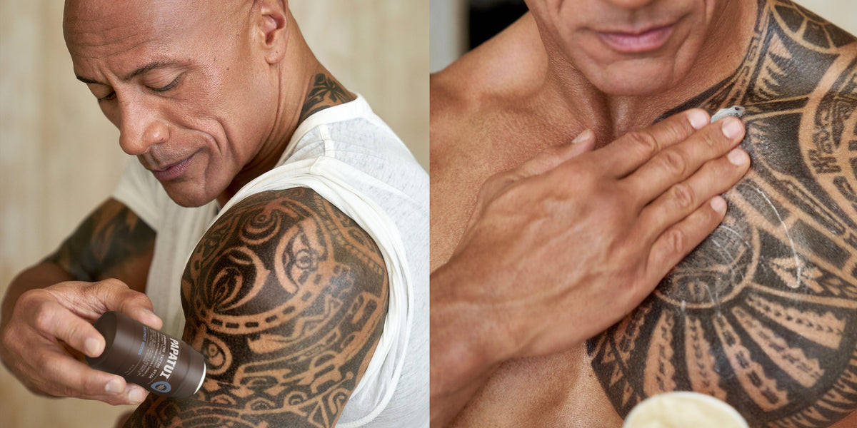 Dwayne "The Rock" Johnson applying PAPATUI Enhancing Tattoo Stick to arm and chest tattoos