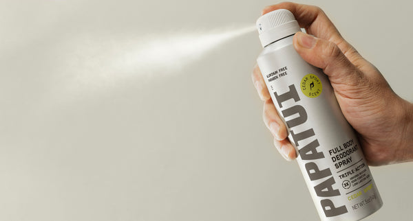 Papatui Triple Action Full Body Deo Spray in Cedar Sport; Aluminum Free & Paraben Free action shot.