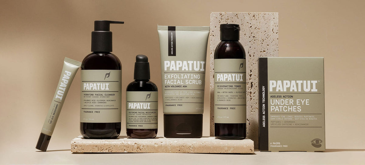 Assortment of PAPATUI Facial Care products against a neutral background