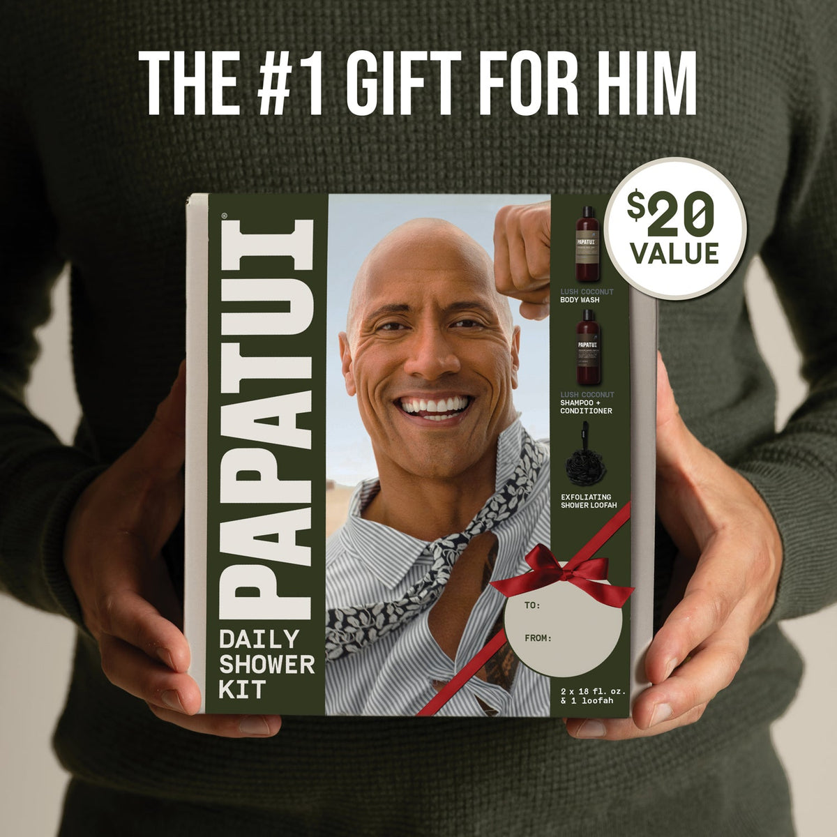 PAPATUI Men's Gift Set, Full Shower Routine, 18 oz Shampoo + Conditioner, Body Wash, Loofah, Lush Coconut