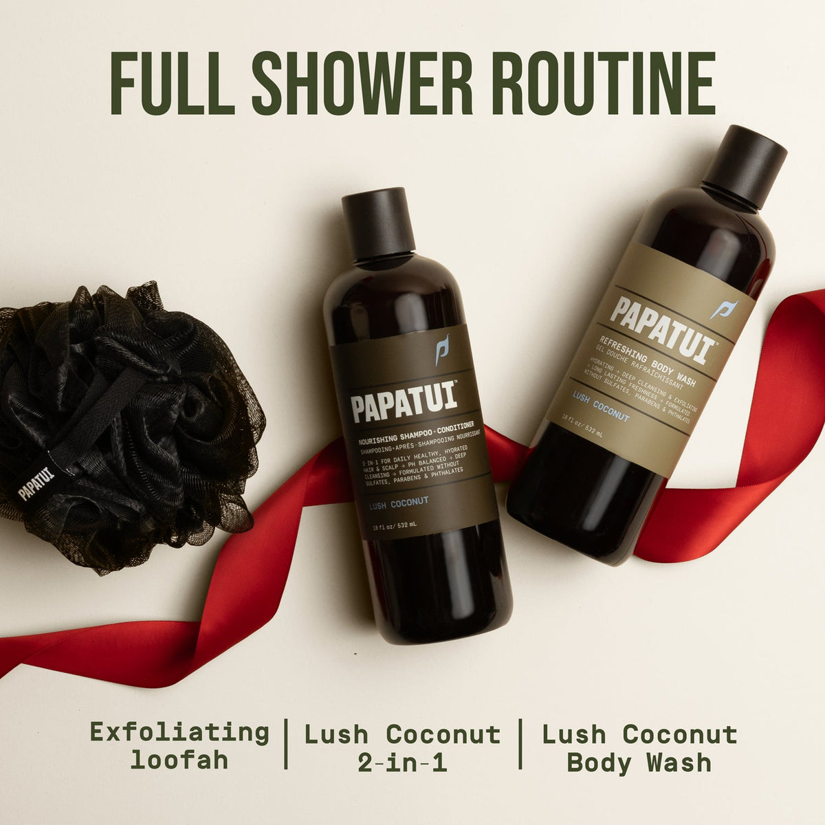 PAPATUI Men's Gift Set, Full Shower Routine, 18 oz Shampoo + Conditioner, Body Wash, Loofah, Lush Coconut