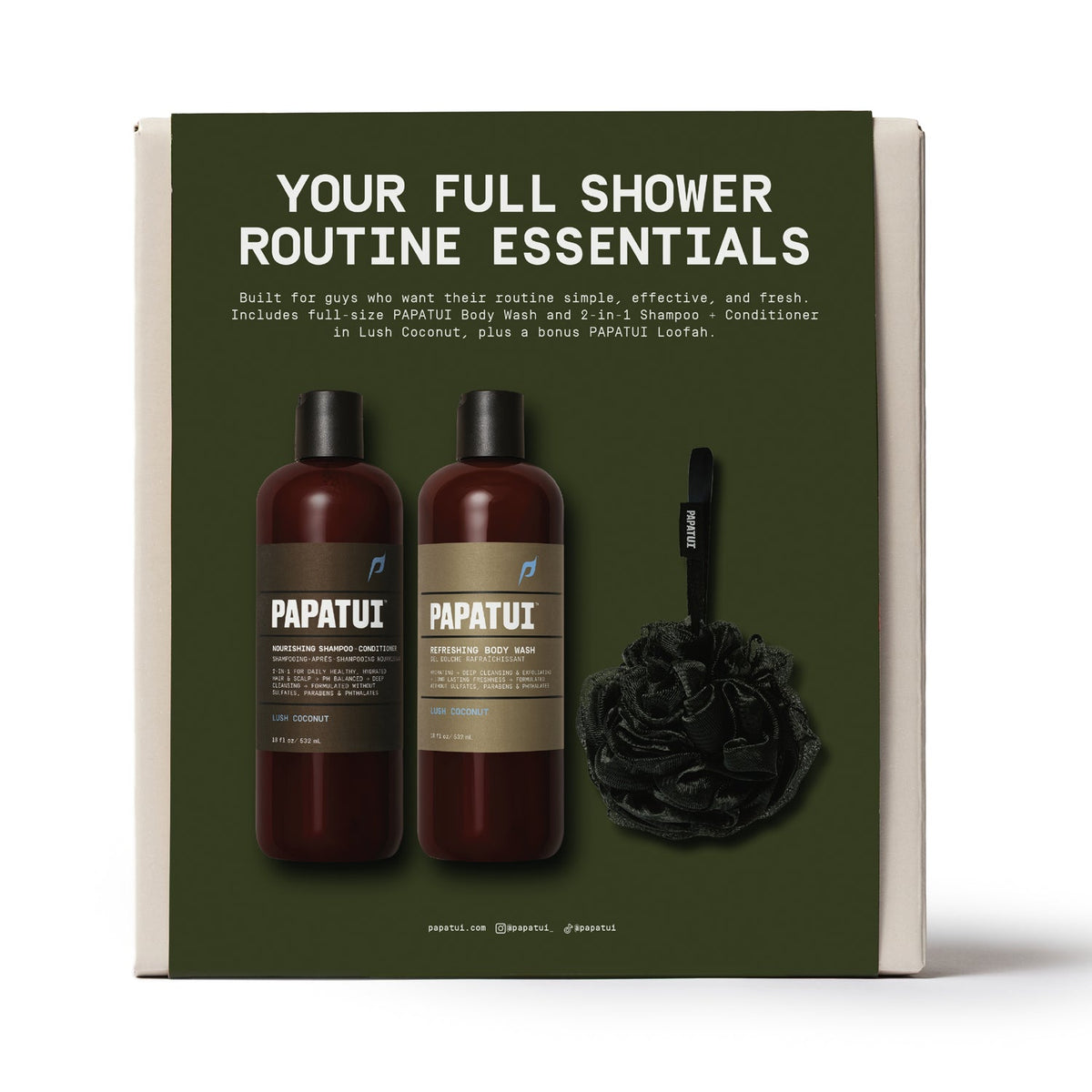 PAPATUI Men's Gift Set, Full Shower Routine, 18 oz Shampoo + Conditioner, Body Wash, Loofah, Lush Coconut