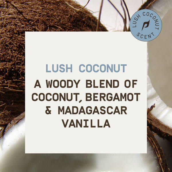 PAPATUI™ Lush Coconut scent description graphic featuring a background of cracked coconut shells and white coconut flesh. The text highlights the scent profile: “A woody blend of coconut, bergamot, and Madagascar vanilla,” with a blue circular badge reading “Lush Coconut Scent” in the top corner.