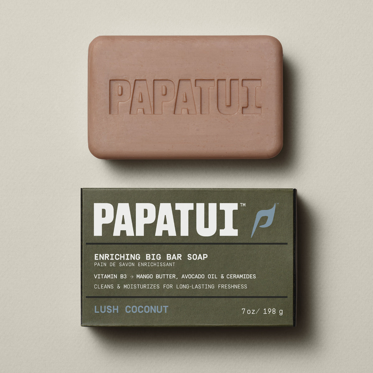 PAPATUI Lush Coconut soap bar and packaging on a neutral background