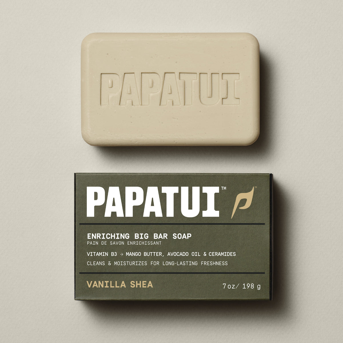 PAPATUI Vanilla Shea soap bar and packaging on a neutral background