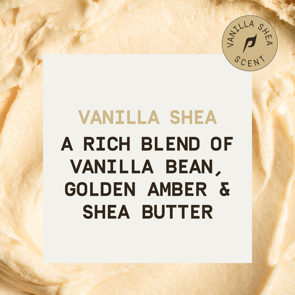 PAPATUI™ Vanilla Shea scent description graphic with a smooth shea butter texture background. Text describes the fragrance as “A rich blend of vanilla bean, golden amber, and shea butter” with a beige “Vanilla Shea Scent” badge at the top right corner.