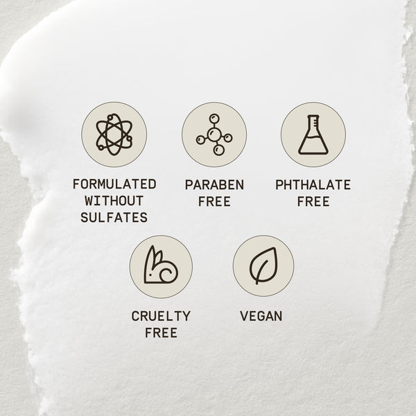 PAPATUI™ product benefits graphic displayed over a creamy white textured background. Icons highlight the product attributes: formulated without sulfates, paraben free, phthalate free, cruelty free, and vegan. Simple brown line graphics and text communicate the clean and ethical formulation.