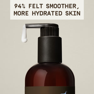 PAPATUI™ Unscented Fast Absorbing Body Lotion 11.5 fl oz Hydrating men's body lotion designed for daily use with a super fast-absorbing, non-greasy formula. The image features a close-up of the black pump dispenser with a drop of white lotion, highlighting the product’s lightweight texture. Bold text states,
