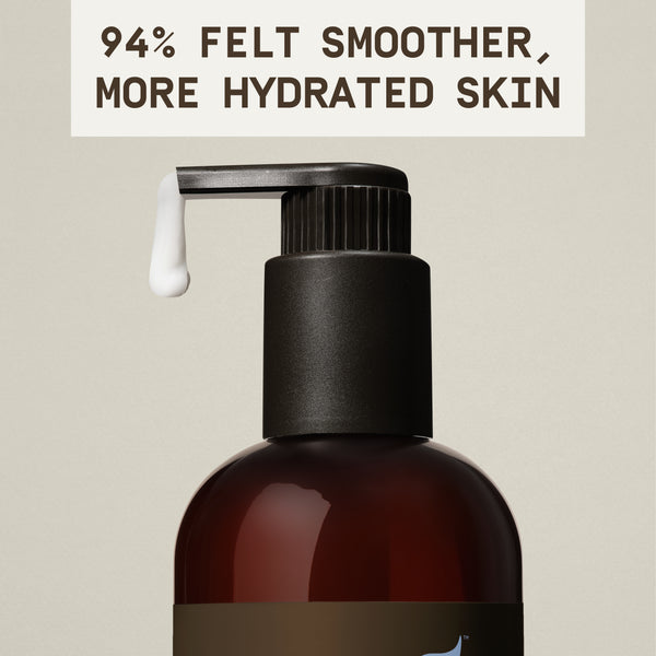PAPATUI™ Unscented Fast Absorbing Body Lotion 11.5 fl oz Hydrating men's body lotion designed for daily use with a super fast-absorbing, non-greasy formula. The image features a close-up of the black pump dispenser with a drop of white lotion, highlighting the product’s lightweight texture. Bold text states, "94% FELT SMOOTHER, MORE HYDRATED SKIN," emphasizing its clinically tested effectiveness.