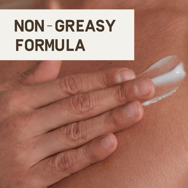 PAPATUI™ Unscented Fast Absorbing Body Lotion 11.5 fl oz Hydrating men's body lotion showcases a close-up of a hand applying the white lotion to the skin, emphasizing its lightweight, smooth texture. Bold text reads, "NON-GREASY FORMULA," highlighting the product’s quick absorption and comfortable wear.