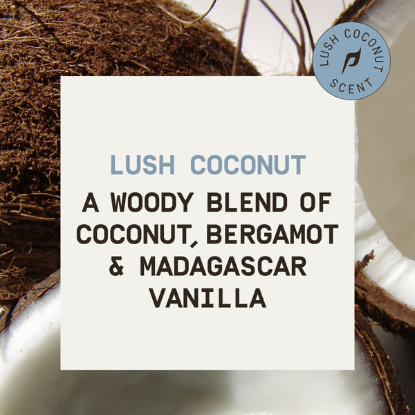 PAPATUI™ Lush Coconut Mens Fast Absorbing Body Lotion 11.5 fl oz features a close-up of cracked coconuts with bold text describing the "LUSH COCONUT" scent as a woody blend of coconut, bergamot, and Madagascar vanilla. A blue "Lush Coconut Scent" badge is placed in the top right corner, emphasizing the lotion’s rich and refreshing fragrance.