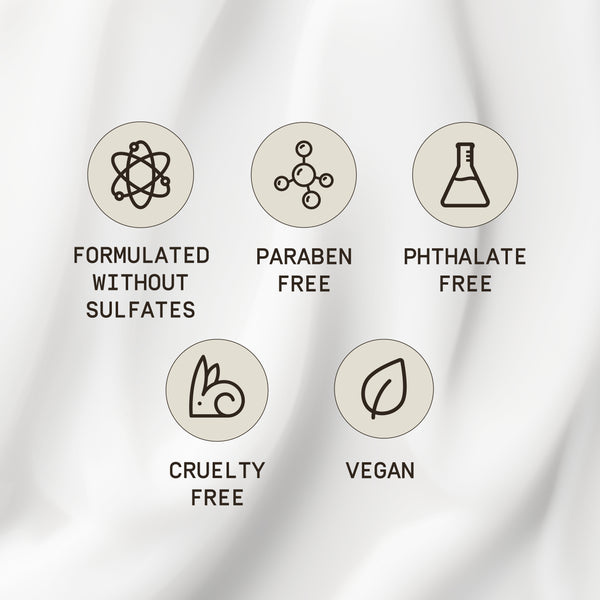 PAPATUI™ Mens Fast Absorbing Body Lotion 11.5 fl oz features a smooth, creamy lotion texture in the background, emphasizing its rich and lightweight consistency. Five beige circular icons highlight key product benefits: formulated without sulfates, paraben-free, phthalate-free, cruelty-free, and vegan, reinforcing its clean and ethical formulation.