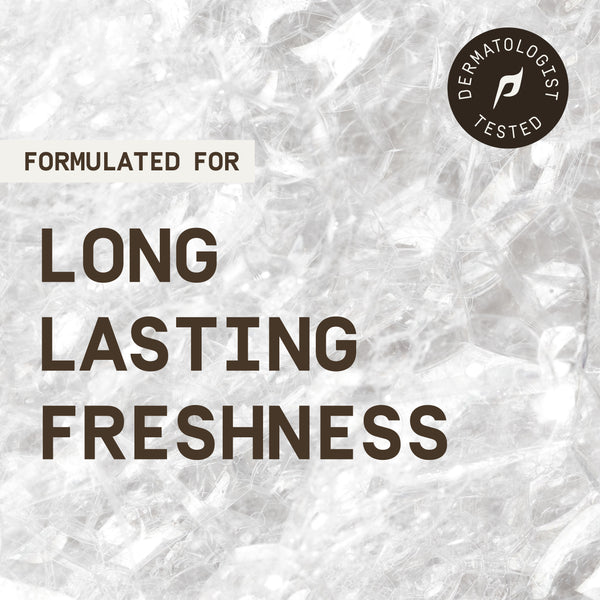 PAPATUI™ product benefits graphic with a white, crystal-textured background. Bold brown typography reads “Formulated for Long Lasting Freshness,” accompanied by a dermatologist-tested seal with the PAPATUI™ logo.