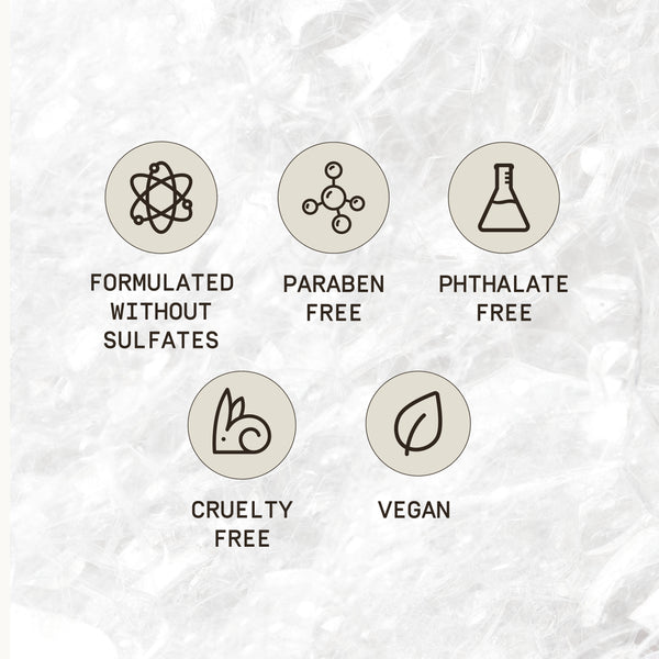 PAPATUI™ product benefit icons displayed on a soft white background: paraben-free, phthalate-free, cruelty-free, vegan, and fragrance-free. Simple line-art icons with brown text showcase the brand's commitment to clean, ethical skincare formulations.