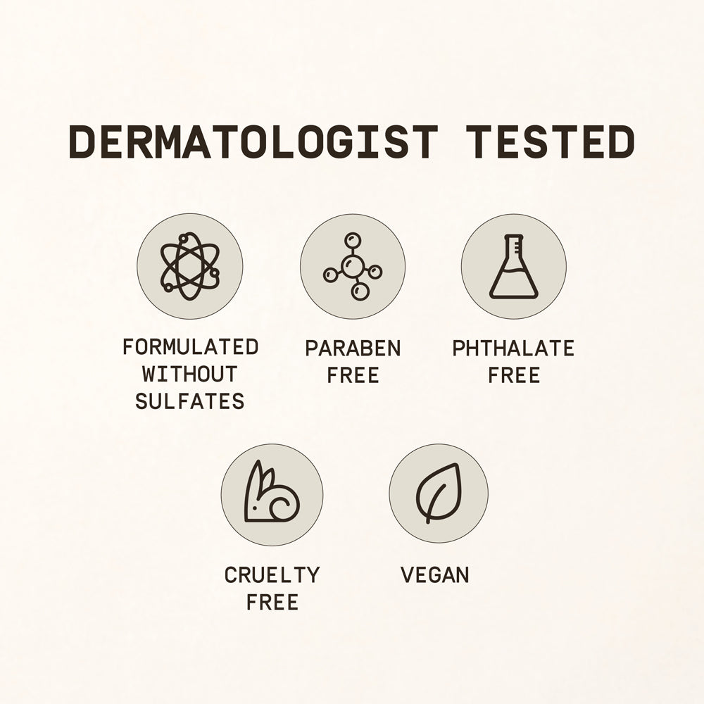 Icons indicating dermatologist-tested Papatui products with labels for sulfate-free, paraben-free, phthalate-free, cruelty-free, and vegan formulations on a white background. - Papatui Men's Care