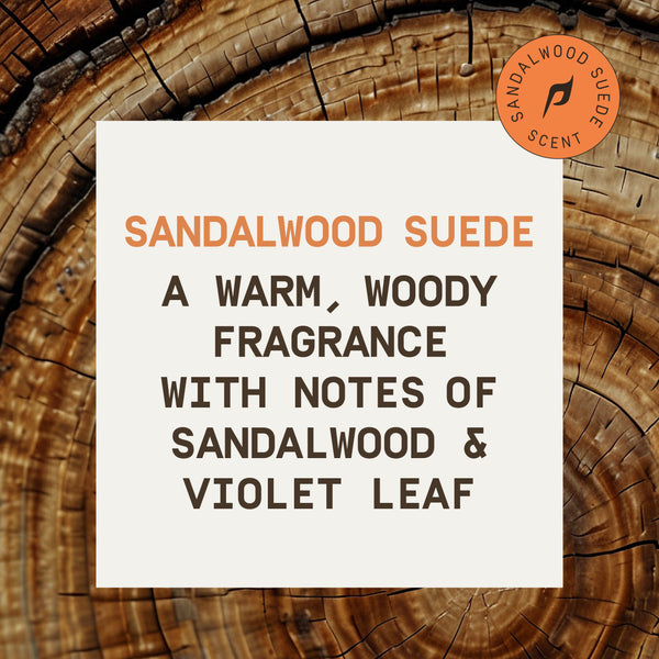 PAPATUI™ Sandalwood Suede scent description graphic with a detailed close-up of a rich wooden tree ring background. Text describes the scent as “A warm, woody fragrance with notes of sandalwood & violet leaf,” complemented by an orange “Sandalwood Suede Scent” badge.