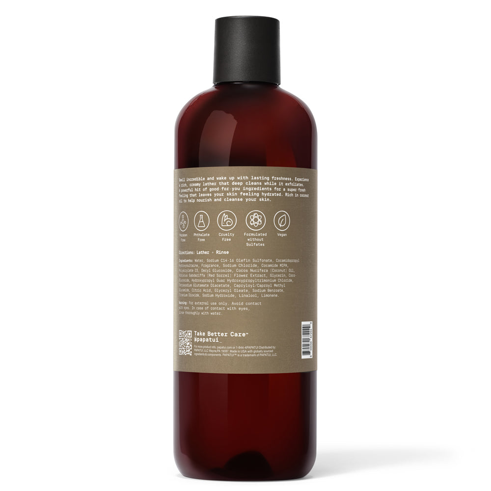 Papatui Sandalwood Suede body wash bottle on a white background - back of pack