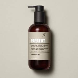PAPATUI™ Hydrating Facial Cleanser 8 fl oz amber pump bottle with beige minimalist label. A premium fragrance-free formula designed to gently cleanse, hydrate, and exfoliate skin with hyaluronic acid, glycerin, niacinamide, salicylic acid, and ceramides.