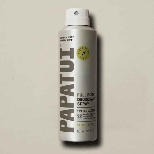 Front of pack shot of Papatui Full Body Deodorant Spray 5oz Cedar Sport scent.