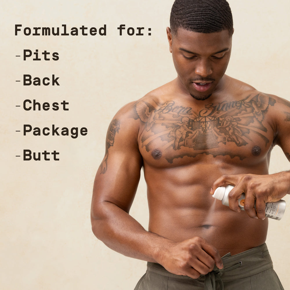 Man applying PAPATUI Sandalwood Suede full body deodorant spray in his pants against a neural background with text overlay reading "Formulated for: Pits, Back, Chest, Package, Butt"