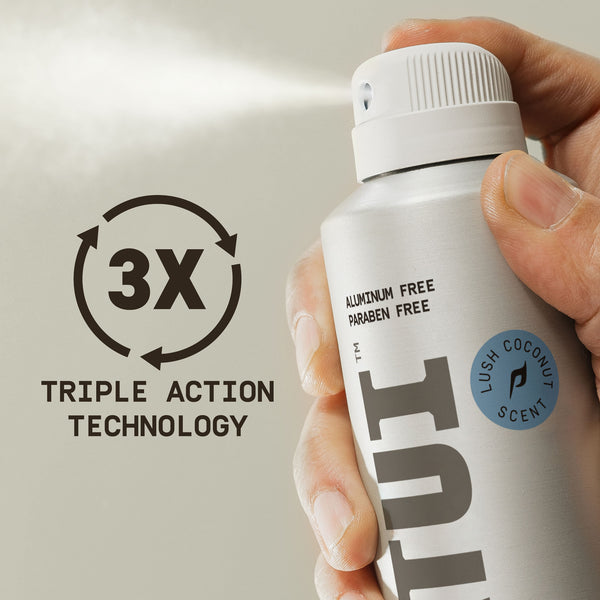Hand holding a Papatui Full Body Deodorant Spray 5oz Lush Coconut fragrance with brown text to the left of the image reading "3x Triple Action Technology".