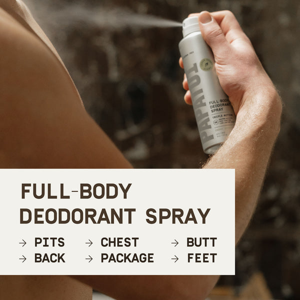 A man spraying Papatui Full Body Deodorant Spray 5oz Cedar Sport fragrance on his chest with a text box reading the areas of use for the full body deodorant spray: "pits, chest, butt, back, package, feet."
