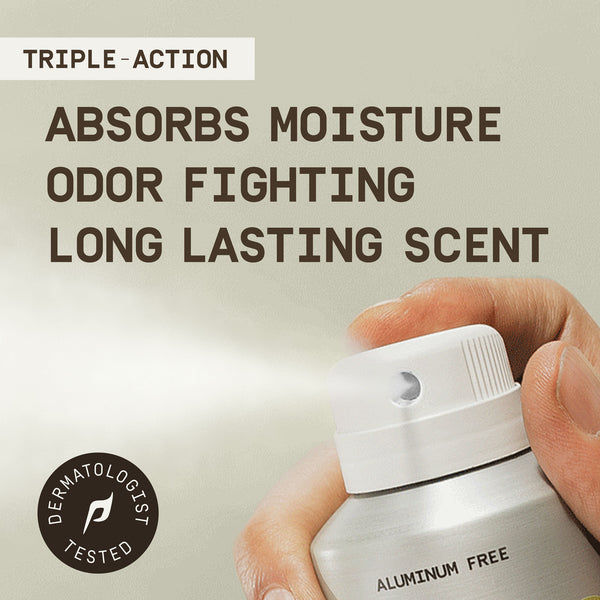 Hand holding Papatui Full Body Deodorant Spray 5oz with text highlighting its features on a beige background reading "Triple-action" and "absorbs moisture, odor fighting, long lasting scent" with a brown badge with white text reading "dermatologist tested."