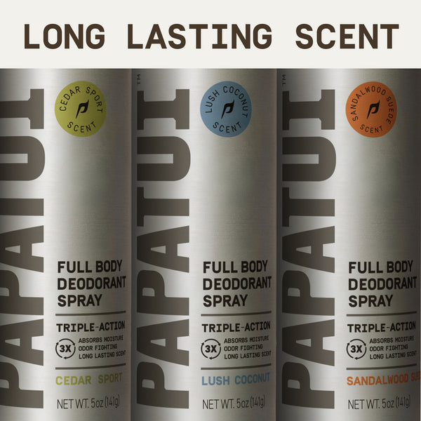 Three cans of Papauti full body deodorant spray in Cedar Sport, Sandalwood Suede, and Lush Coconut scents on a beige background with text on the top that reads "long lasting scent."