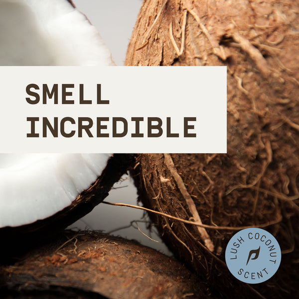 A cracked coconut with text 'Smell Incredible' and Lush Coconut Scent logo.