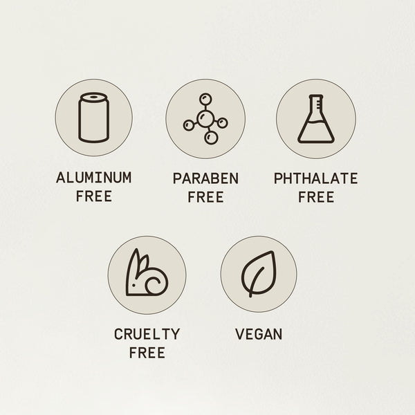 Set of icons indicating product features such as aluminum-free, paraben-free, phthalate-free, cruelty-free, and vegan on a light background.