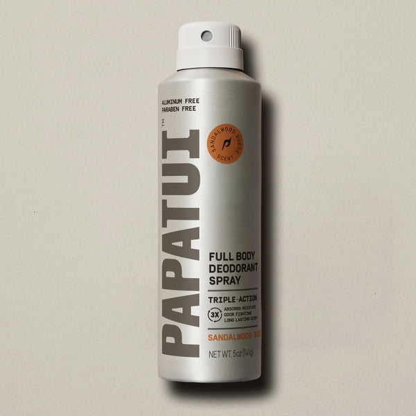 Front of pack shot of Papatui Full Body Deodorant Spray 5oz Sandalwood Suede scent.
