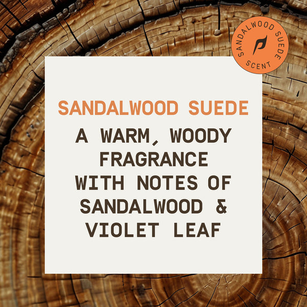 Sandalwood Suede product description card on a wooden background with Sandalwood Suede logo with text reading "a warm, woody fragrance with notes of sandalwood & violet leaf."