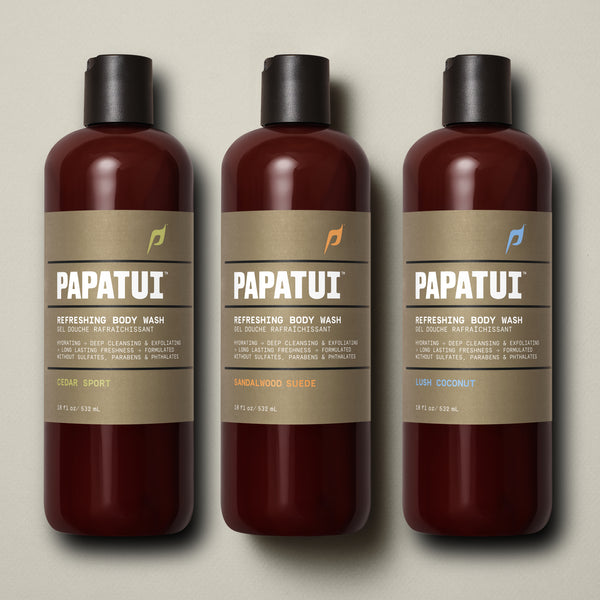 3 papatui body wash lined up on a plain background in the scents cedar sport, sandalwood suede, and lush coconut.