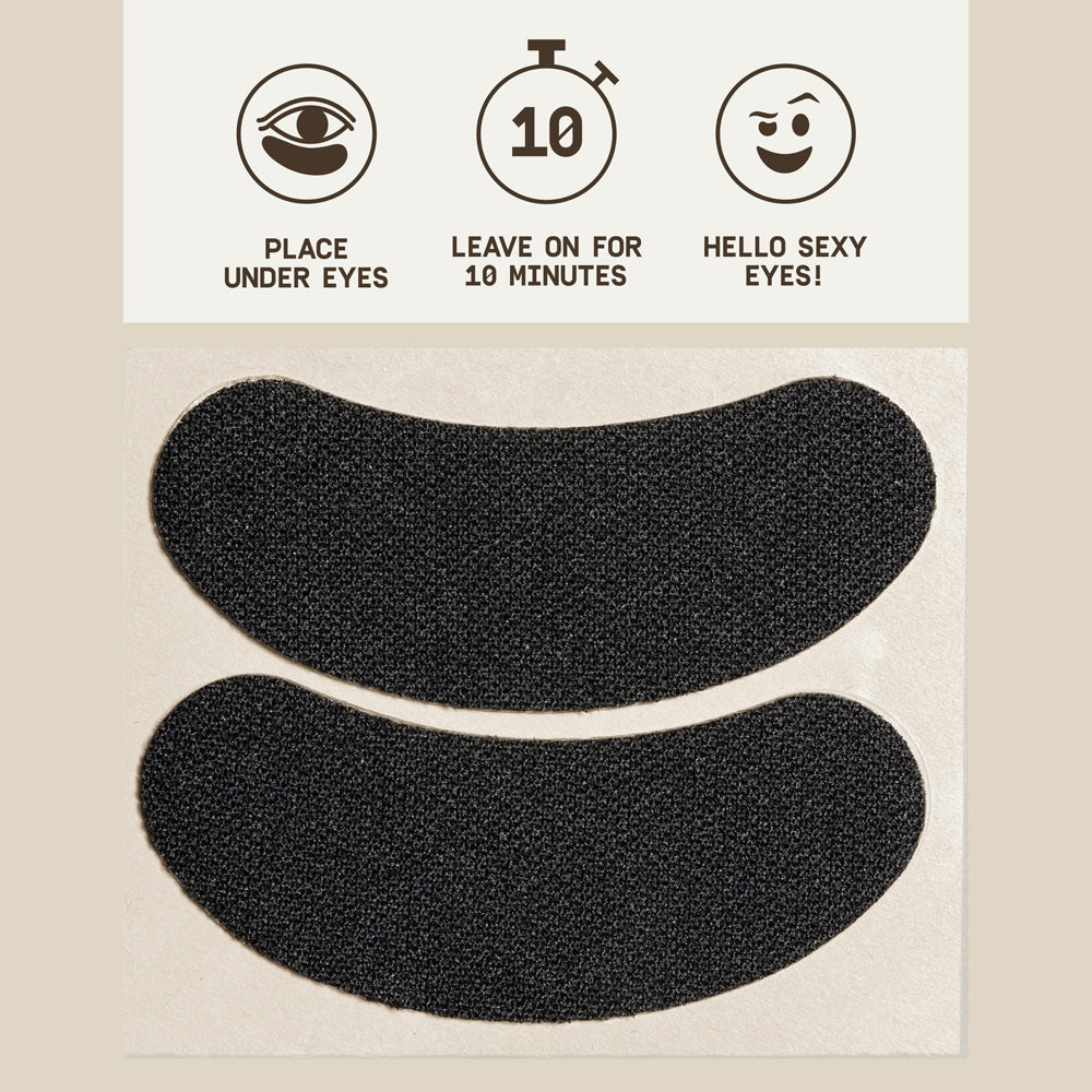 PAPATUI Under Eye Patches with three circular icons above that read "Place Under Eyes, Leave on for 10 minutes, and Hello sexy eyes," respectively, against a neutral background