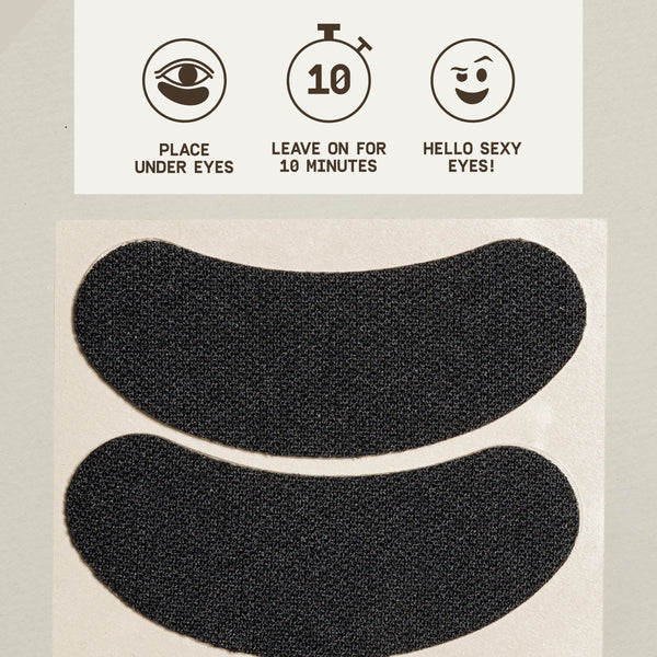 PAPATUI™ Ageless Action Under Eye Patches featuring A step-by-step visual guide to using the under-eye patches. Icons instruct: Place under eyes, leave on for 10 minutes, and reveal refreshed, brighter eyes. Below the instructions, two black hydrogel patches are displayed on their protective backing.