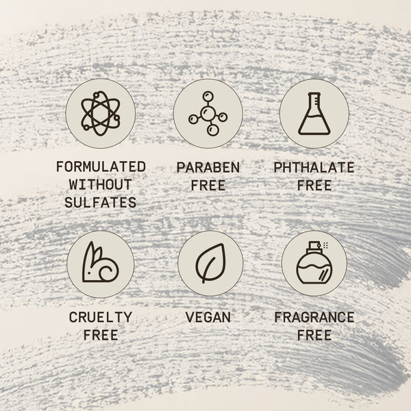 A promotional graphic for PAPATUI™ Exfoliating Facial Scrub Unscented 4oz, highlighting its clean and ethical formulation. The image features six icons with corresponding text: ‘FORMULATED WITHOUT SULFATES,’ ‘PARABEN FREE,’ ‘PHTHALATE FREE,’ ‘CRUELTY FREE,’ ‘VEGAN,’ and ‘FRAGRANCE FREE.’ The background has a textured, brushstroke-like design, emphasizing the product’s natural and skin-friendly qualities