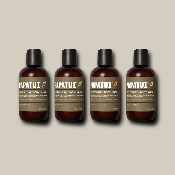 Papatui Holiday gift sets include the body wash mini sampler pack with all four luxury scents in our travel size mini body washes. Lush coconut, cedar sport, sandalwood suede, and vanilla shea fragrances all included.