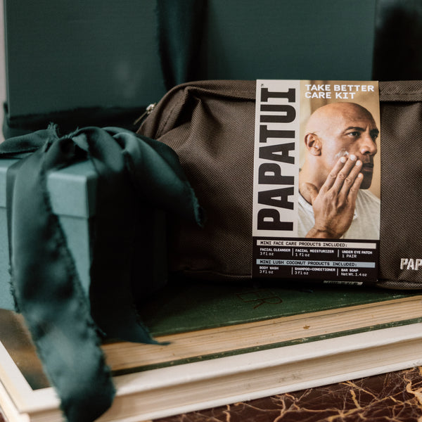 This image shows the Papatui men's Take Better Care Kit with other gifts to highlight holiday giftable men's care.