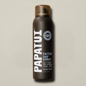 PAPATUI™ 4oz Coconut Woods Scented Enhancing Tattoo 360 Degree Spray Tattoo Aftercare Front of Pack