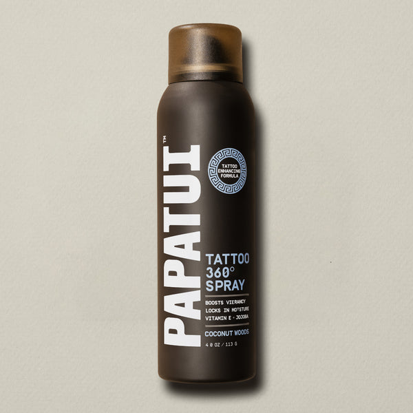PAPATUI™ 4oz Coconut Woods Scented Enhancing Tattoo 360 Degree Spray Tattoo Aftercare Front of Pack