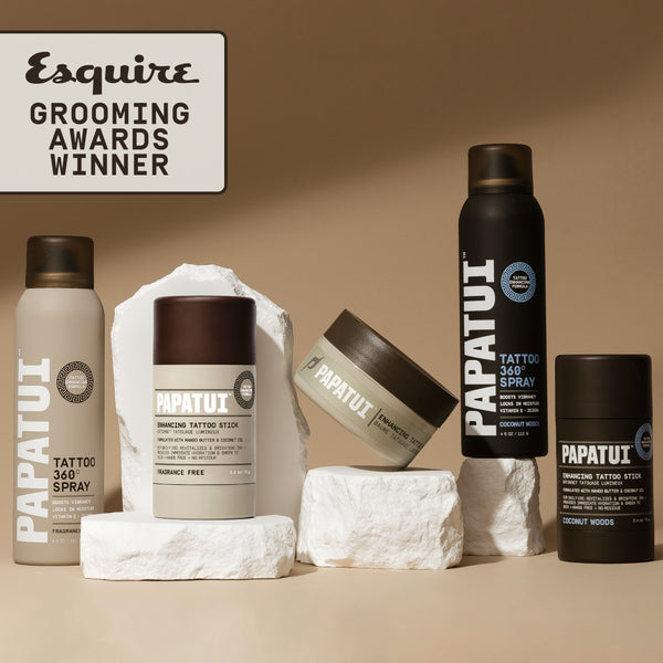 PAPATUI™ 4oz Unscented Enhancing Tattoo 360 Degree Spray Tattoo Aftercare PAPATUI™ Unscented 2.6oz Enhancing Tattoo Stick PAPATUI™ Unscented 2oz Enhancing Tattoo Balm PAPATUI™ 4oz Coconut Woods Scented Enhancing Tattoo 360 Degree Spray PAPATUI™ Coconut Woods 2.6oz Enhancing Tattoo StickTattoo Aftercare Front of Pack