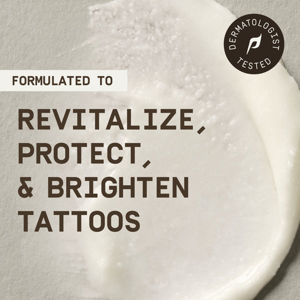 PAPATUI™ Tattoo Stick product claim graphic with cream texture backdrop reading: "Formulated to revitalize, protect, & brighten tattoos." Includes dermatologist tested badge.