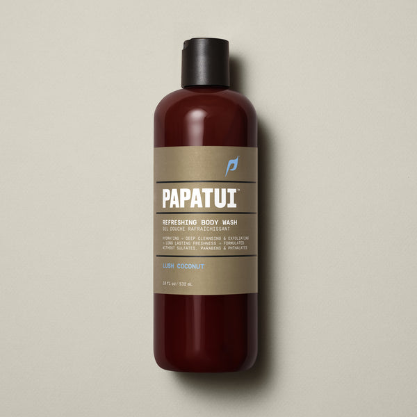 PAPATUI™ Refreshing Body Wash 18 fl oz bottle in Lush Coconut scent. Hydrating formula designed for deep cleansing, exfoliation, and long-lasting freshness without sulfates, parabens, or phthalates.