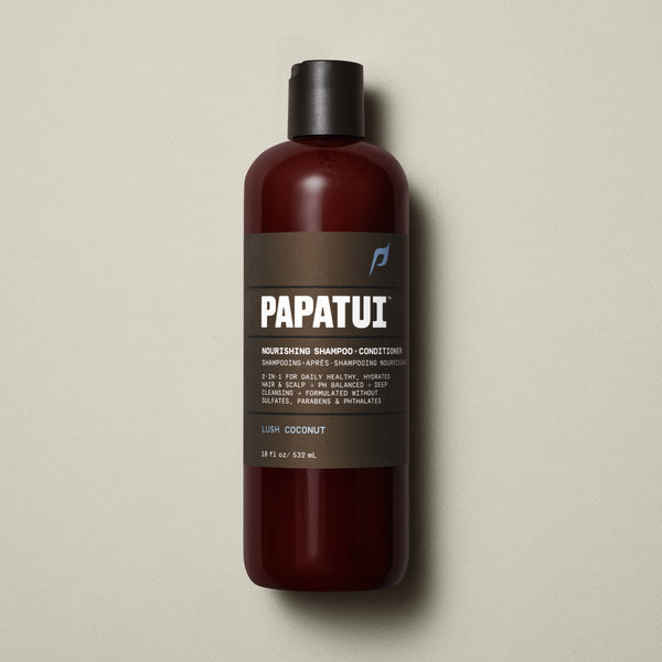 PAPATUI™ Nourishing Shampoo + Conditioner 18 fl oz bottle in Lush Coconut scent. Features deep cleansing, hydration, pH balanced formula, and free from sulfates, parabens, and phthalates.