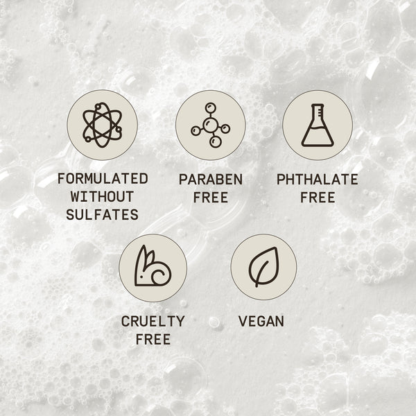 A soft bubbles background highlights five icons listing key features of PAPATUI™ products: formulated without sulfates, paraben free, phthalate free, cruelty free, and vegan.