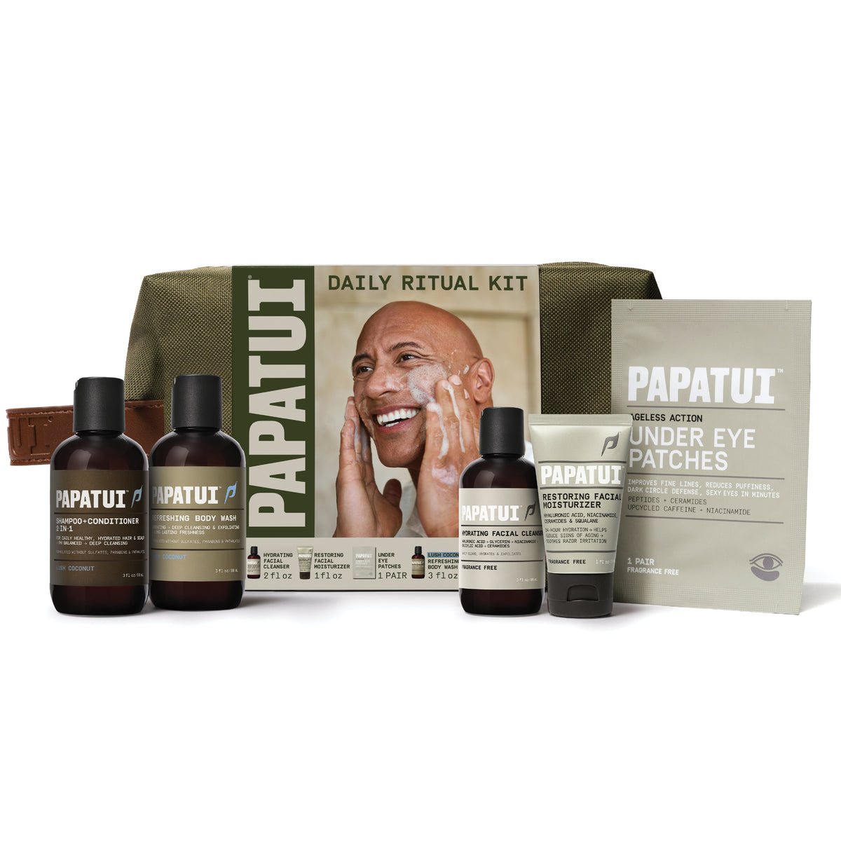 PAPATUI Holiday Daily Ritual Dopp Kit - Facial Cleanser, Moisturizer, Under Eye Patches, Lush Coconut Minis and DOPP Kit - Men's Gift Set 6ct