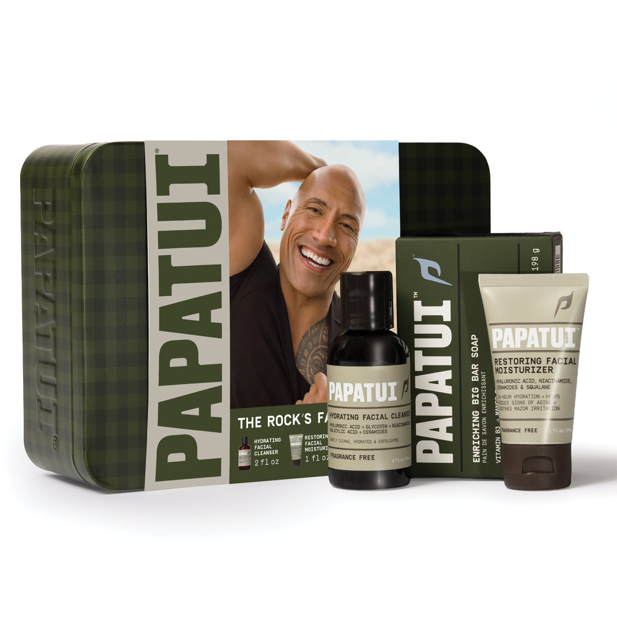 PAPATUI Holiday Favorites Tin from "The Rock" - Facial Cleanser - Moisturizer - Big Bar Soap - Men's Gift Set 3ct