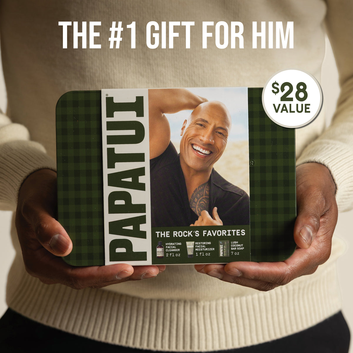 PAPATUI Holiday Favorites Tin from "The Rock" - Facial Cleanser - Moisturizer - Big Bar Soap - Men's Gift Set 3ct